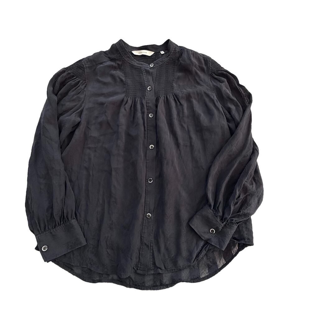 Rebecca Taylor Black Smocked Peasant 100% Silk Blouse Button Down M Lightweight